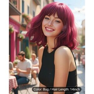 14" Wavy Bob Wig with Bangs - Burgundy (Color: Bug) - Daily Wear / Cosplay